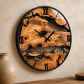 Oversized olive wood wall clock with live edge rustic finish, a handmade statement piece for modern farmhouse decor