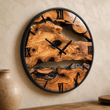 Oversized olive wood wall clock with live edge rustic finish, a handmade statement piece for modern farmhouse decor
