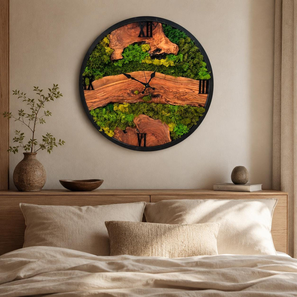 Preserved moss detail with vibrant green moss along the rustic live edge wood border