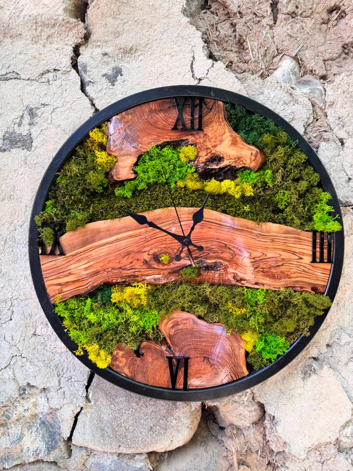 Moss wall clock in olive wood, alternate view