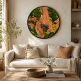 Close-up of the preserved moss texture showing vibrant green tones in the handcrafted olive wood frame