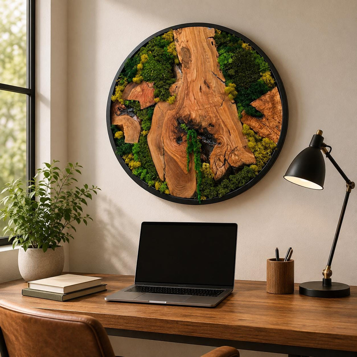 Round moss wall art styled above a minimalist sofa in a bright Scandinavian interior