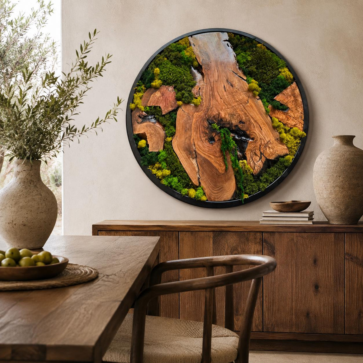 Moss wall art in a home office, olive wood circular frame with preserved green moss centre