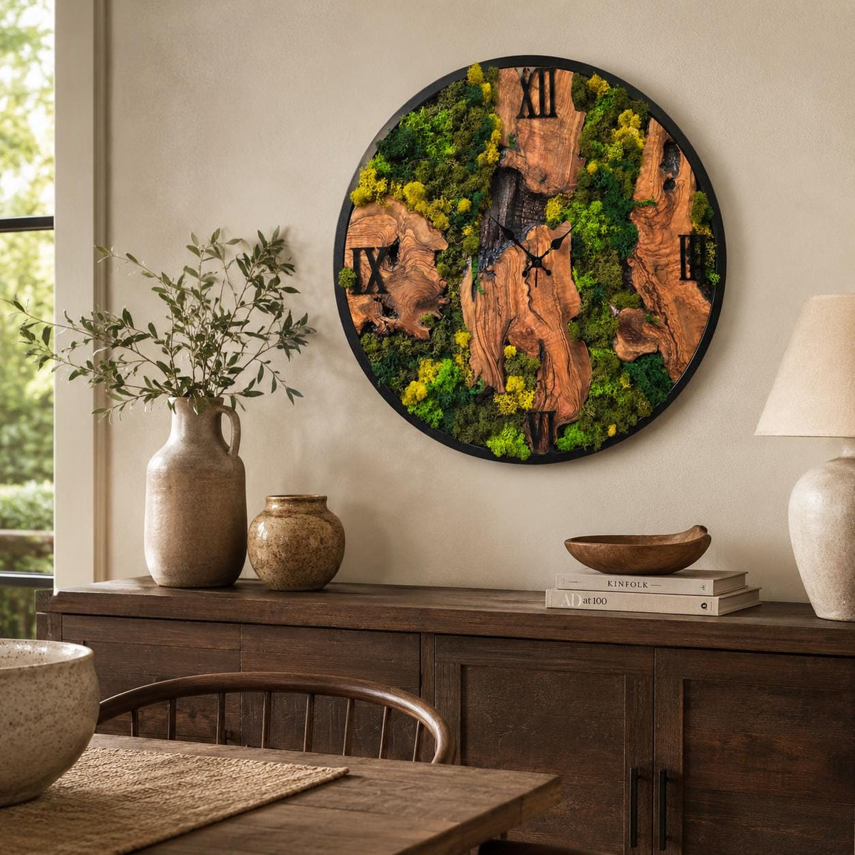 Size scale comparison of the moss wall clock against a standard door