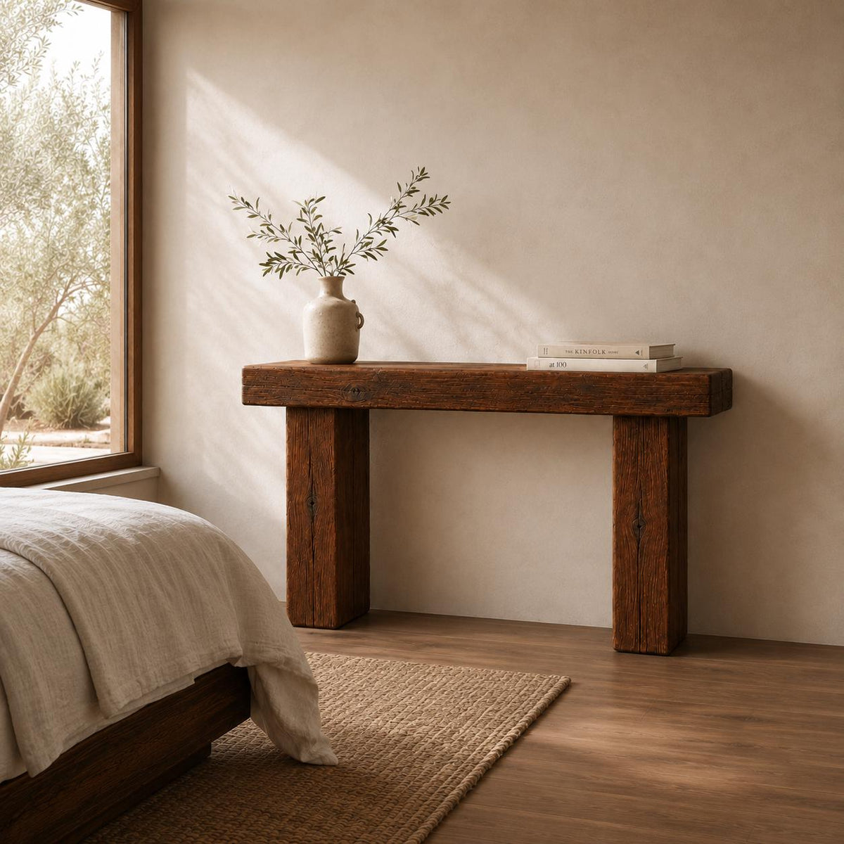 Side profile of the narrow sofa table showing solid wood thickness and clean legs