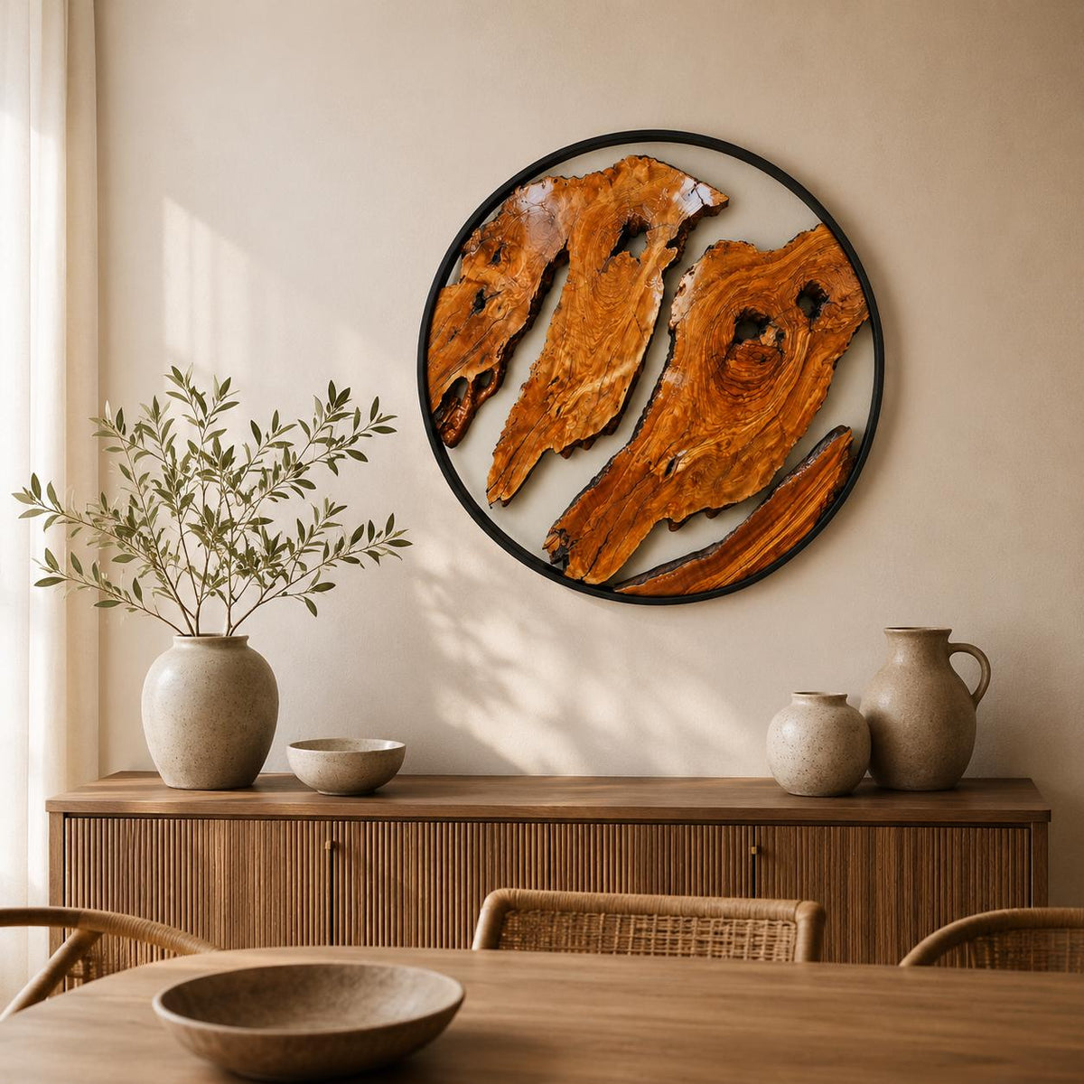 Round olive wood wall art with three live-edge slabs in a sleek circular black metal frame
