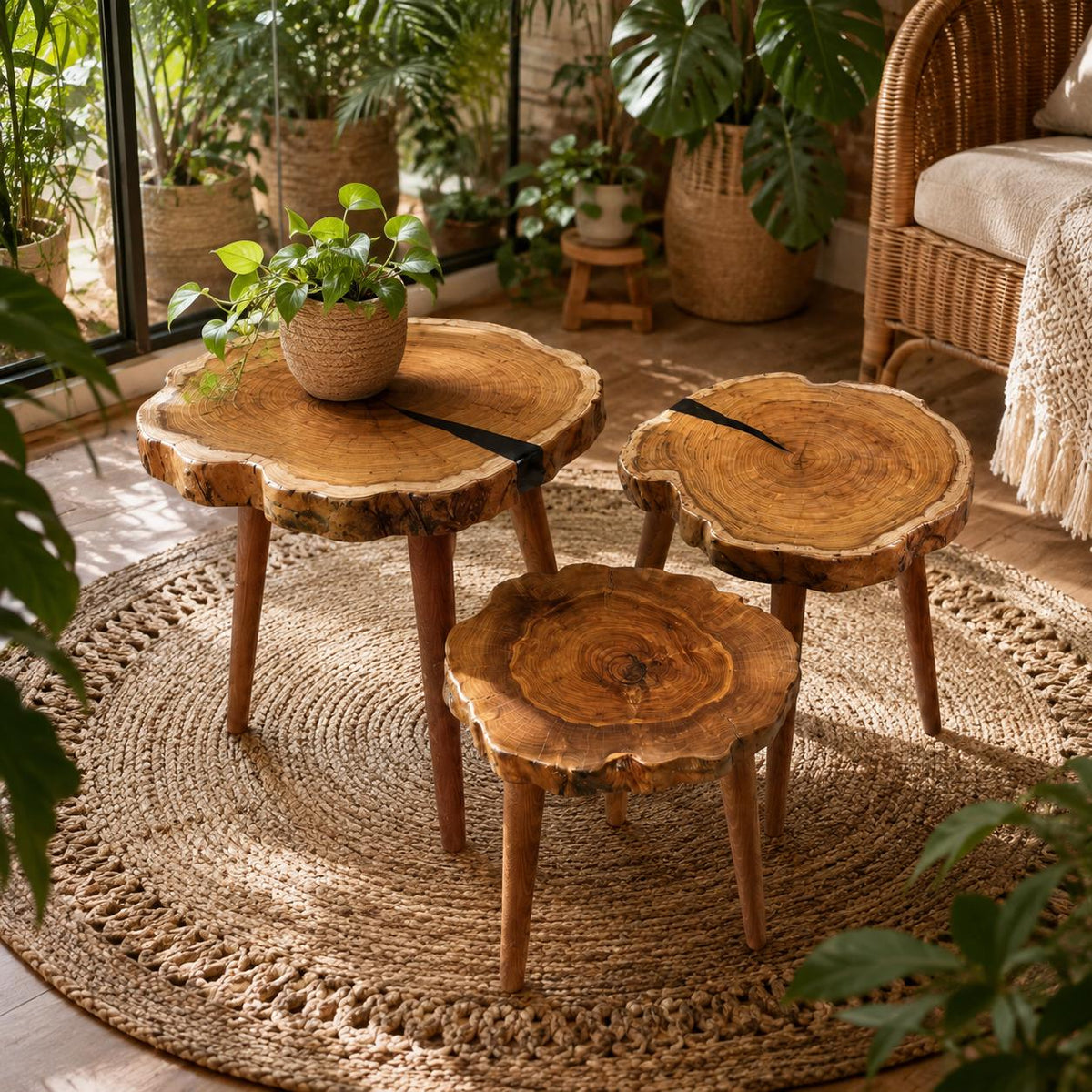 Epoxy wood coffee table styled in a contemporary living room