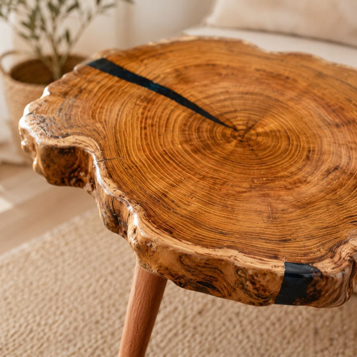 Side angle showing live edge profile and solid wood leg construction