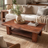 Cedar coffee table with a full-length lower shelf in a living room