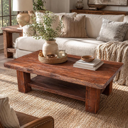 Cedar coffee table with a full-length lower shelf in a living room