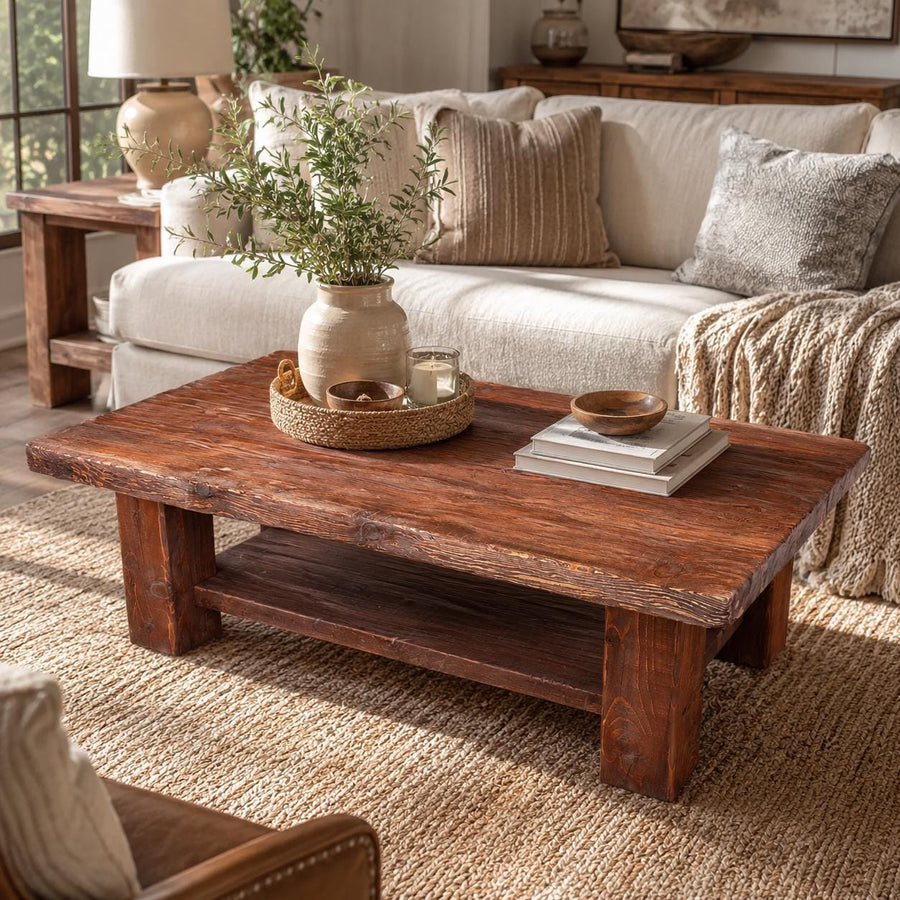 Cedar coffee table with a full-length lower shelf in a living room