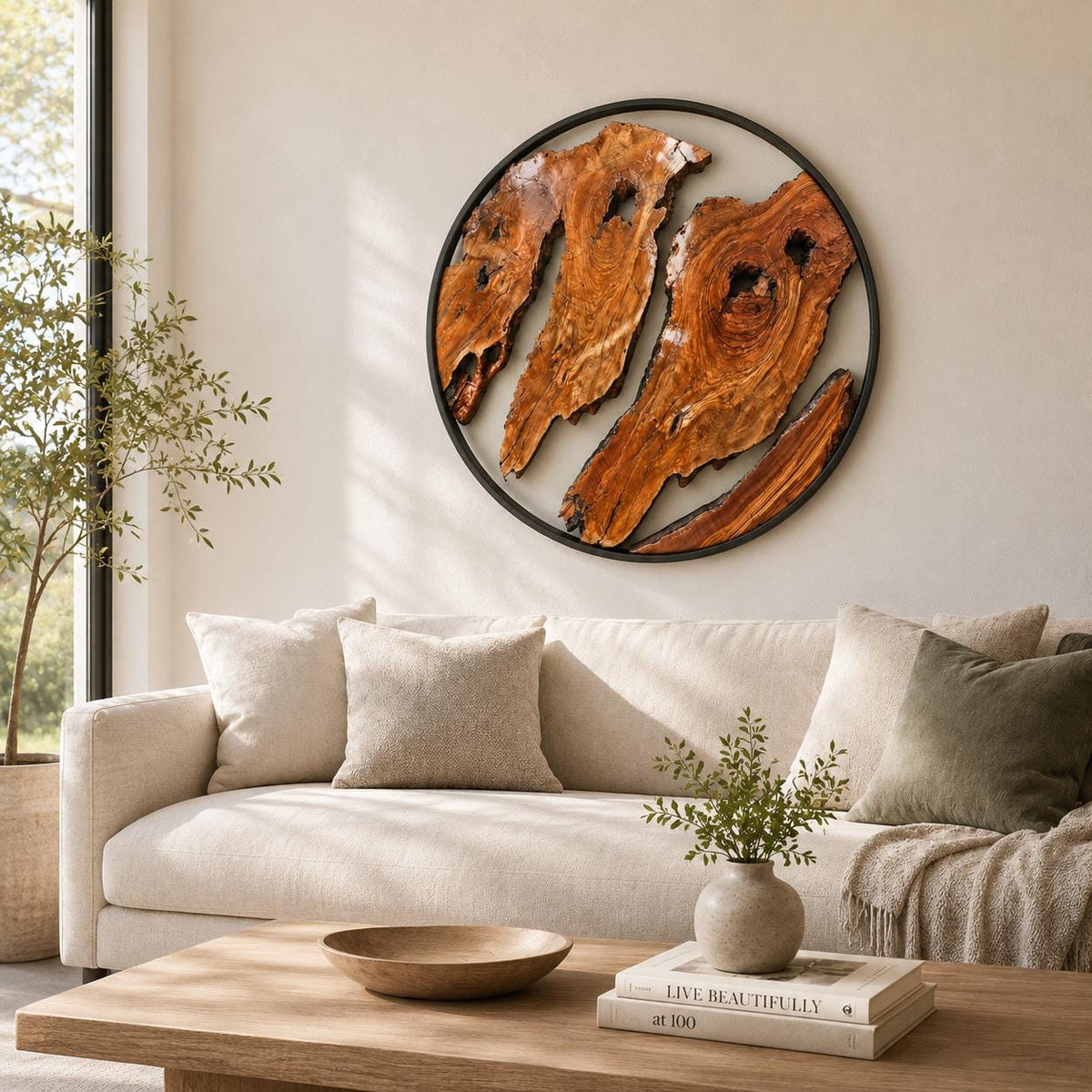 Handmade olive wood wall art on a stone accent wall in a rustic modern interior