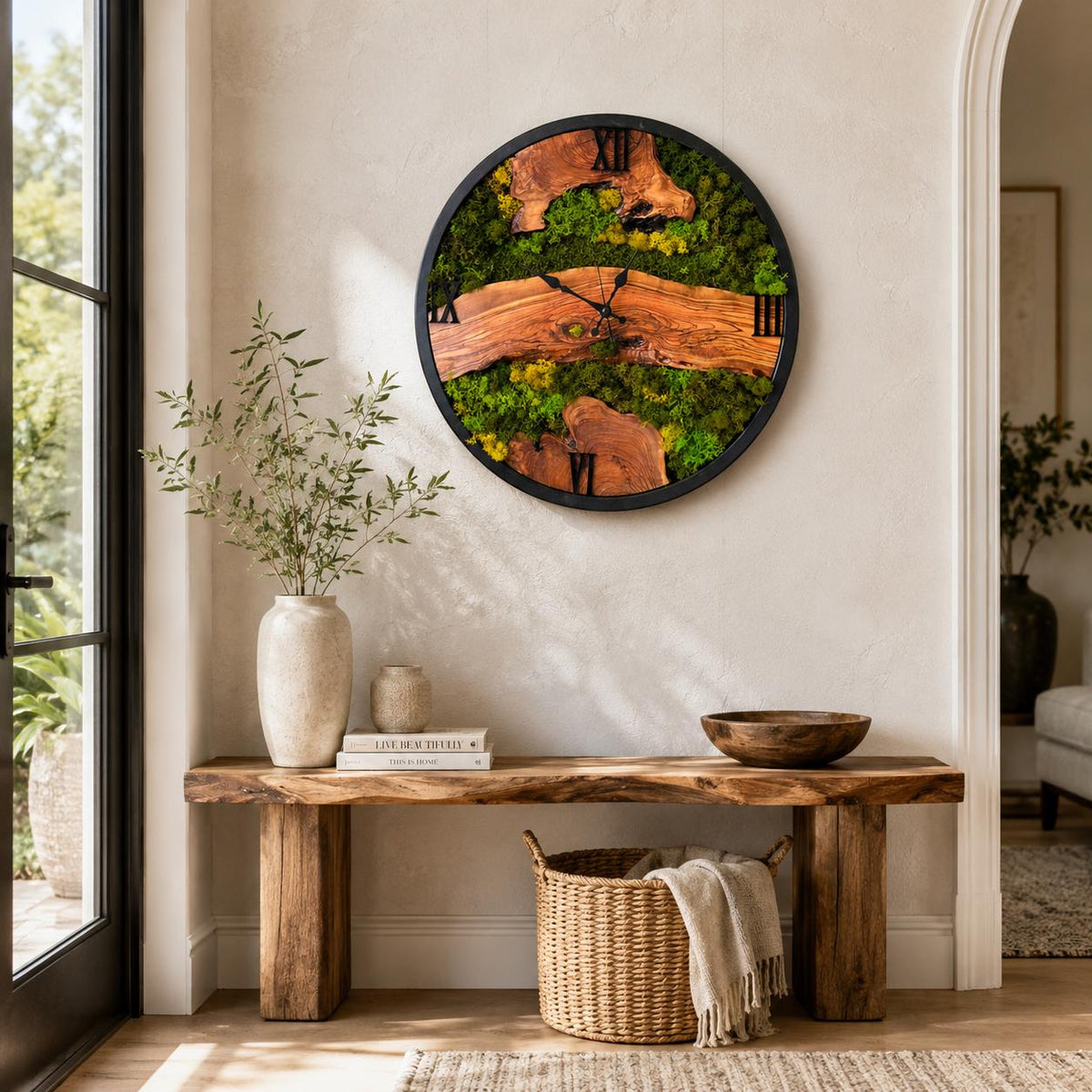 Botanical moss clock with olive wood grain visible