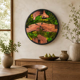 Overhead flat lay of the large olive wood moss wall clock on a neutral linen background