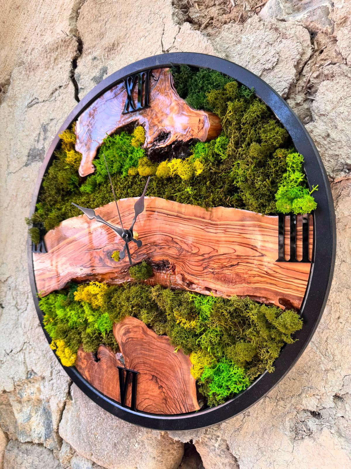 Moss wall clock styled in a room setting