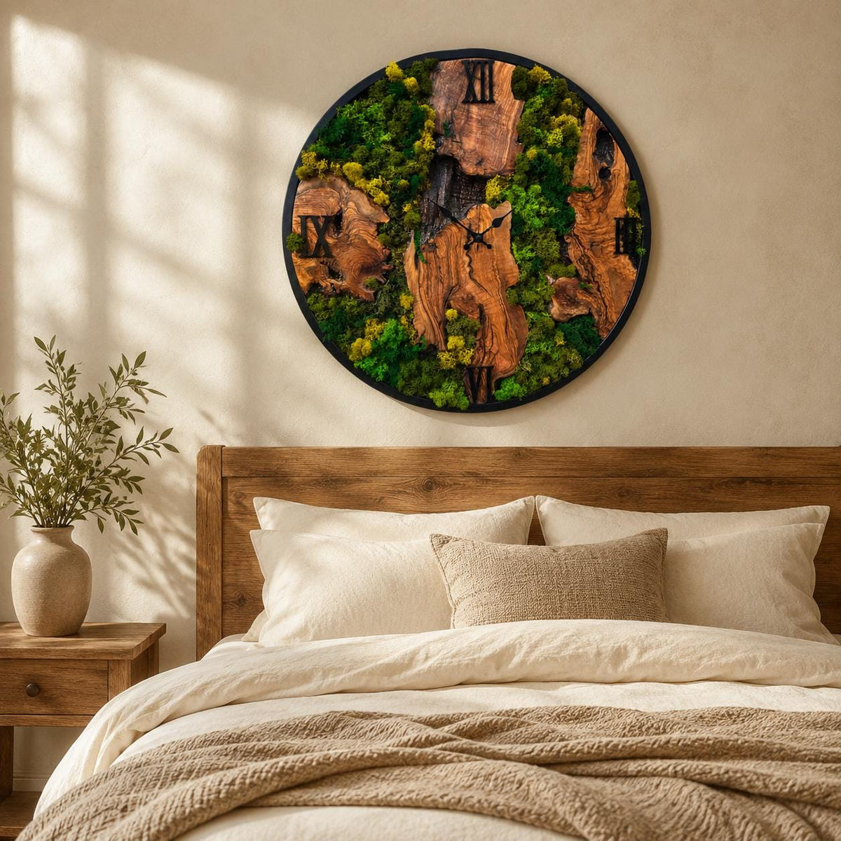 Silent moss wall clock on a white wall in a minimalist bedroom