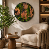 Roman numeral moss wall clock on a warm-toned dining room wall