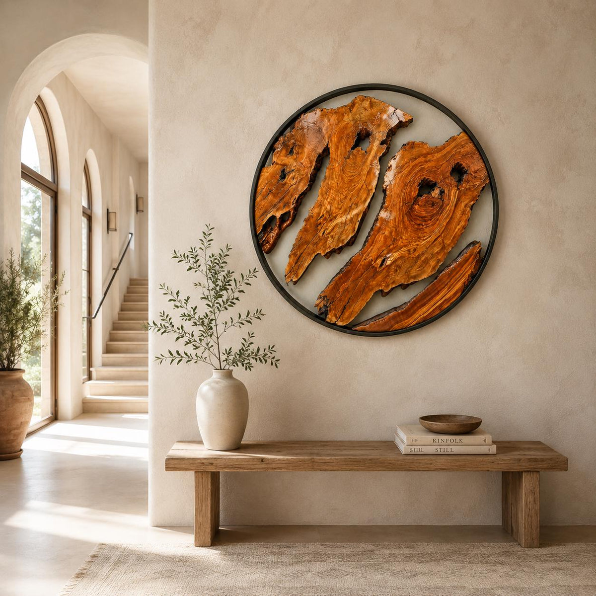 Rustic modern wood wall art on a neutral living room wall