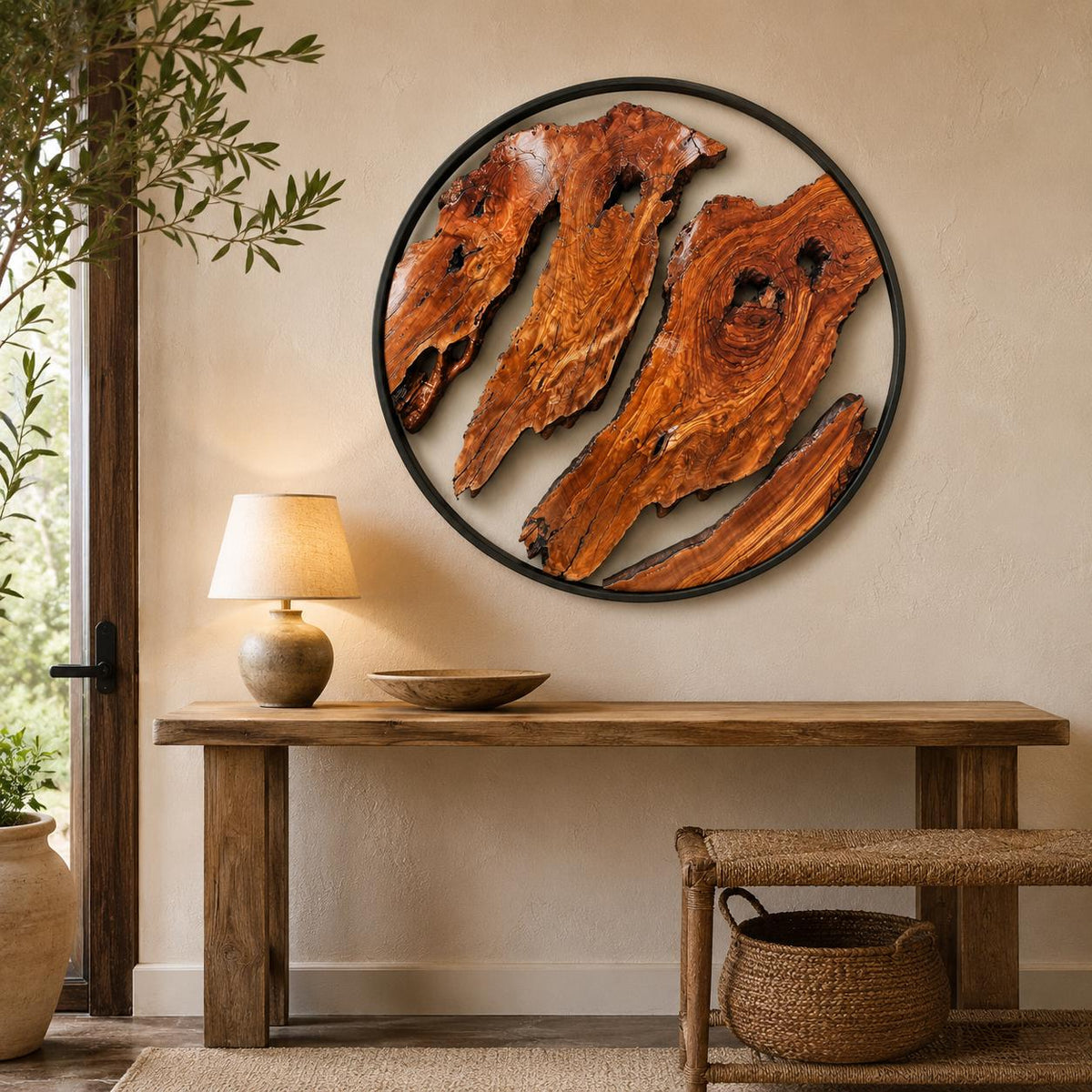 Live-edge olive wood wall art in a circular black metal frame with three natural wood slabs