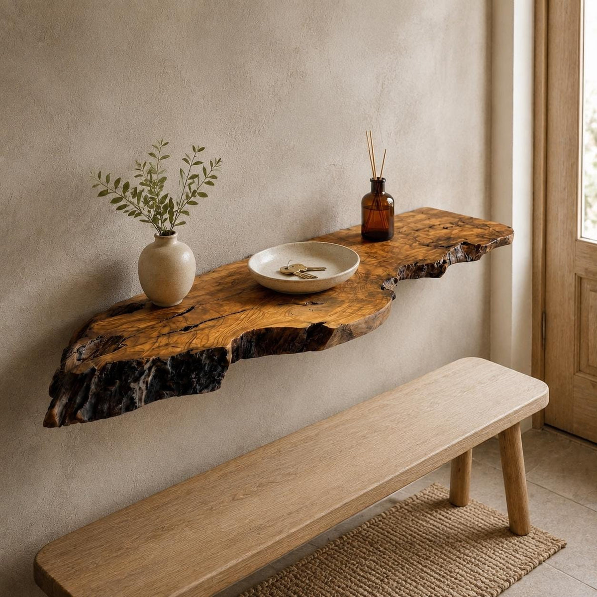 Live edge olive wood wall shelf showing natural grain and knots