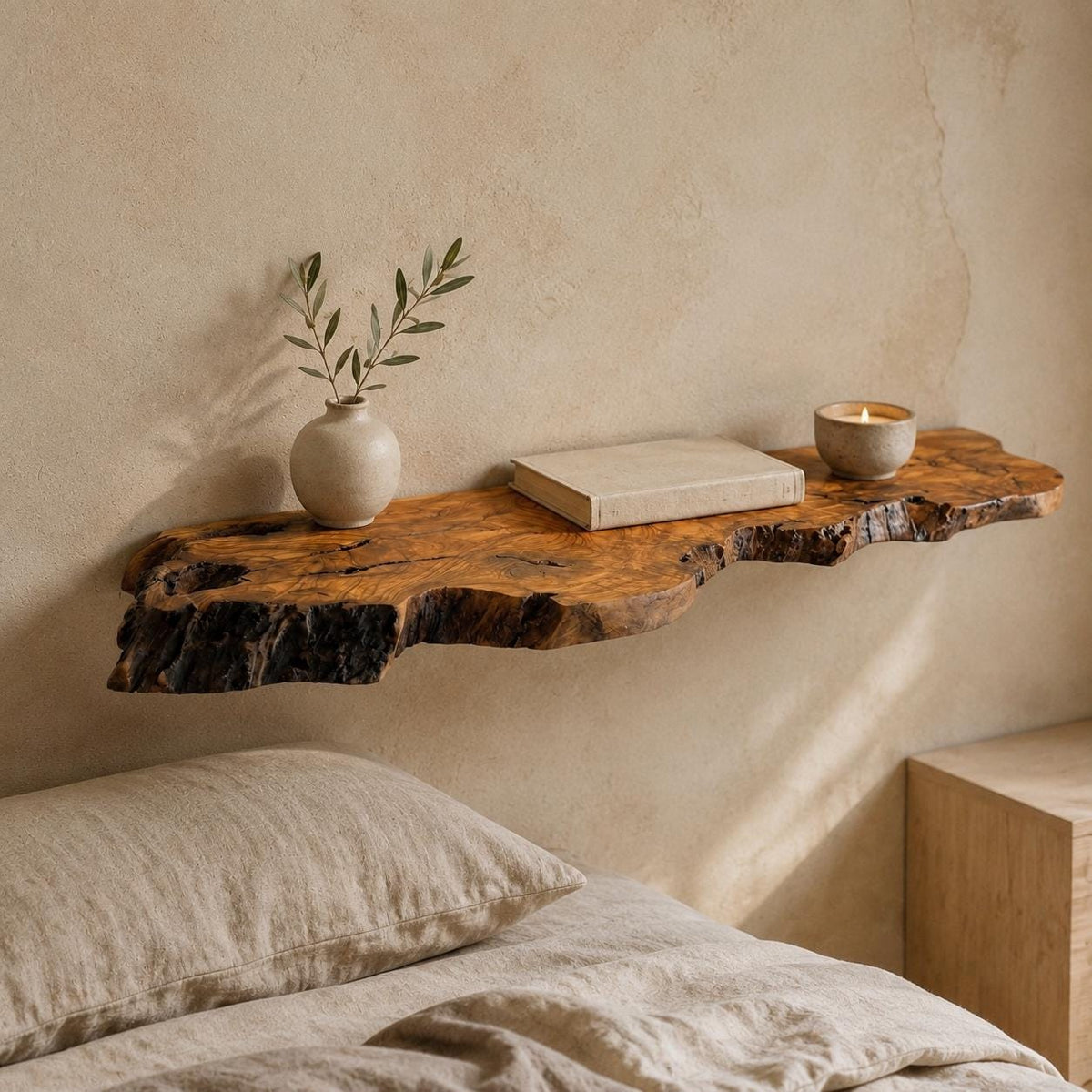 Olive wood floating shelf styled with decor