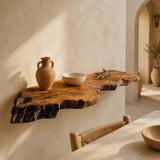 Rustic farmhouse olive wood shelf in an interior setting