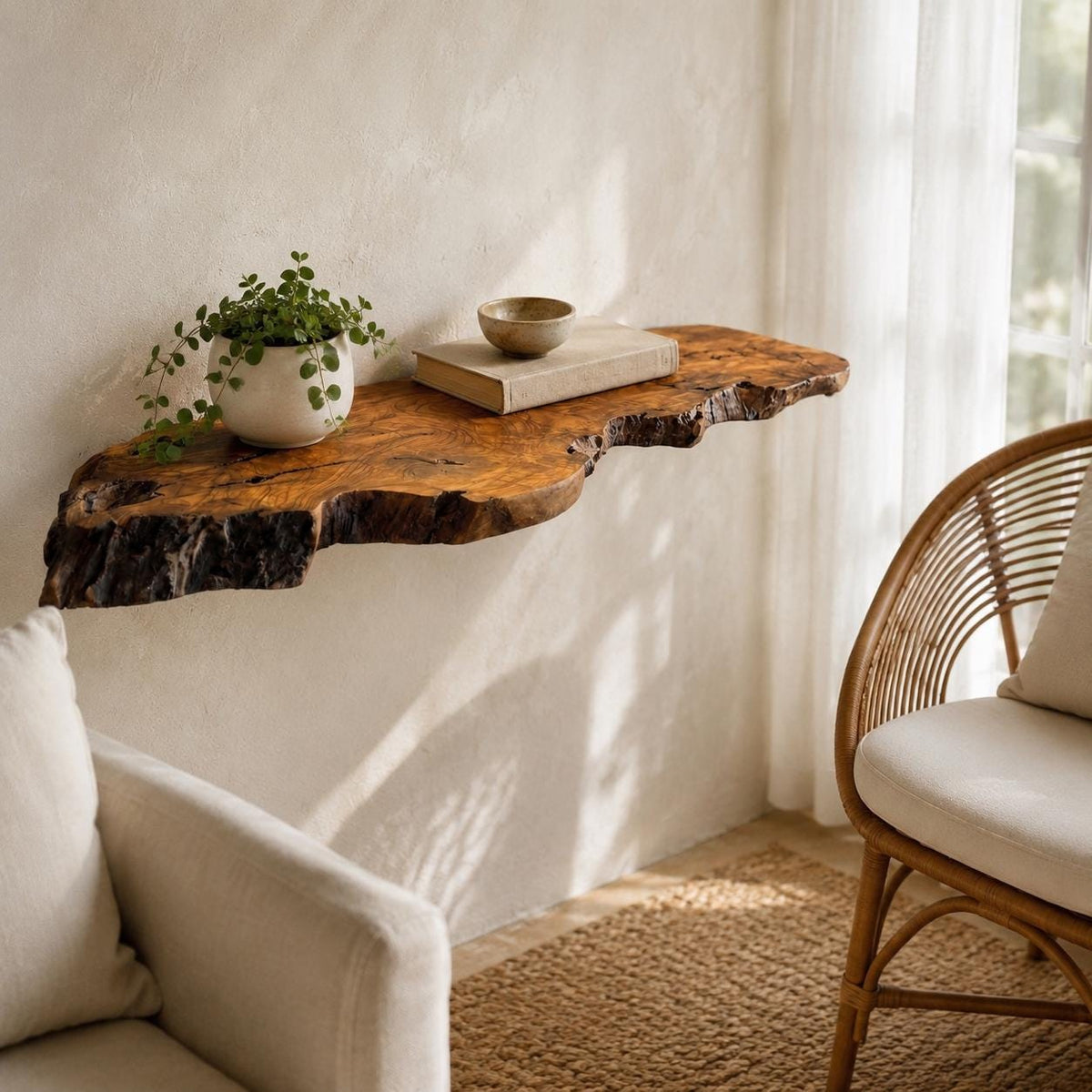 Olive wood wall shelf with hidden floating brackets