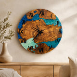 Olive wood clock with blue, turquoise and pearl ocean resin