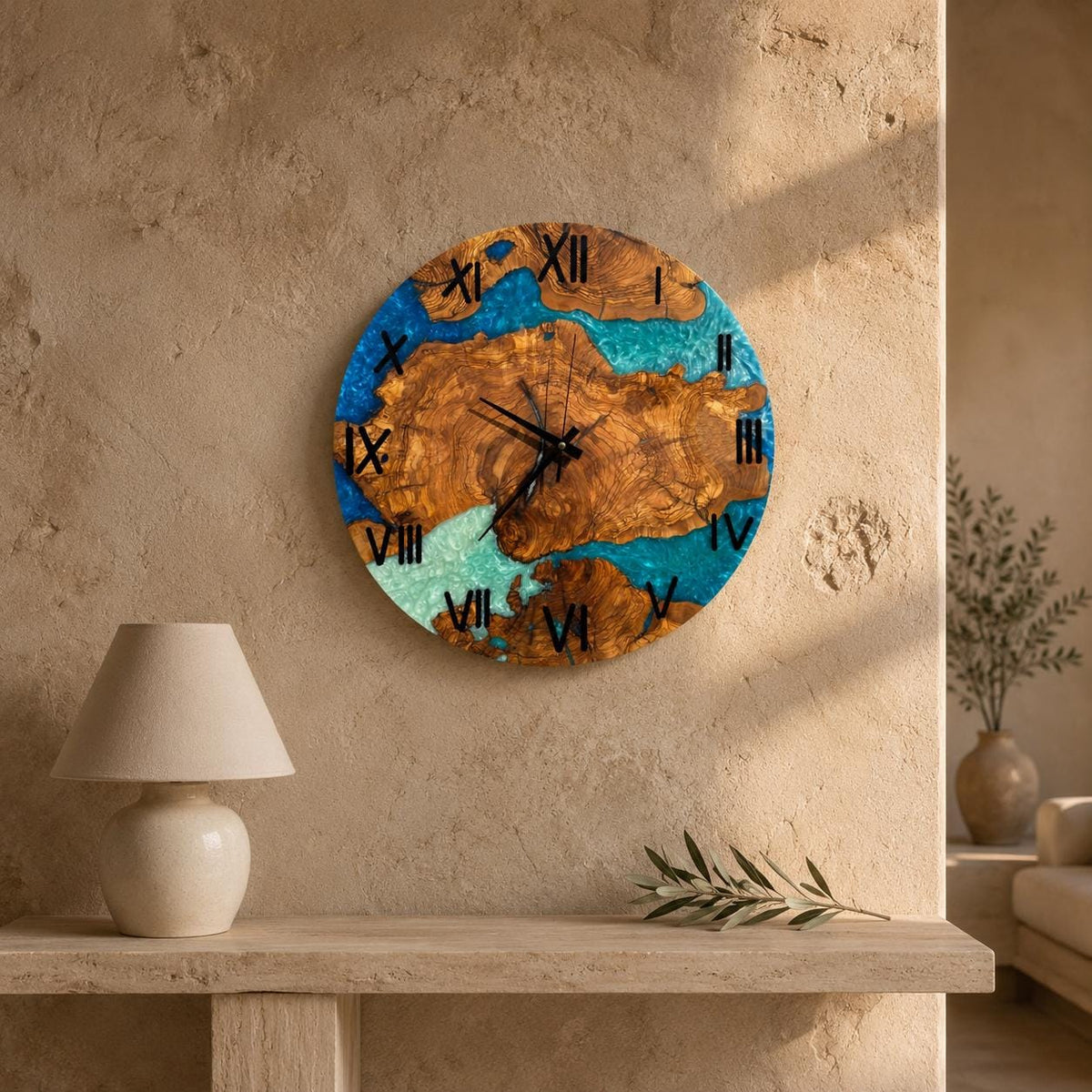 Detail of the olive wood grain forming islands through the resin