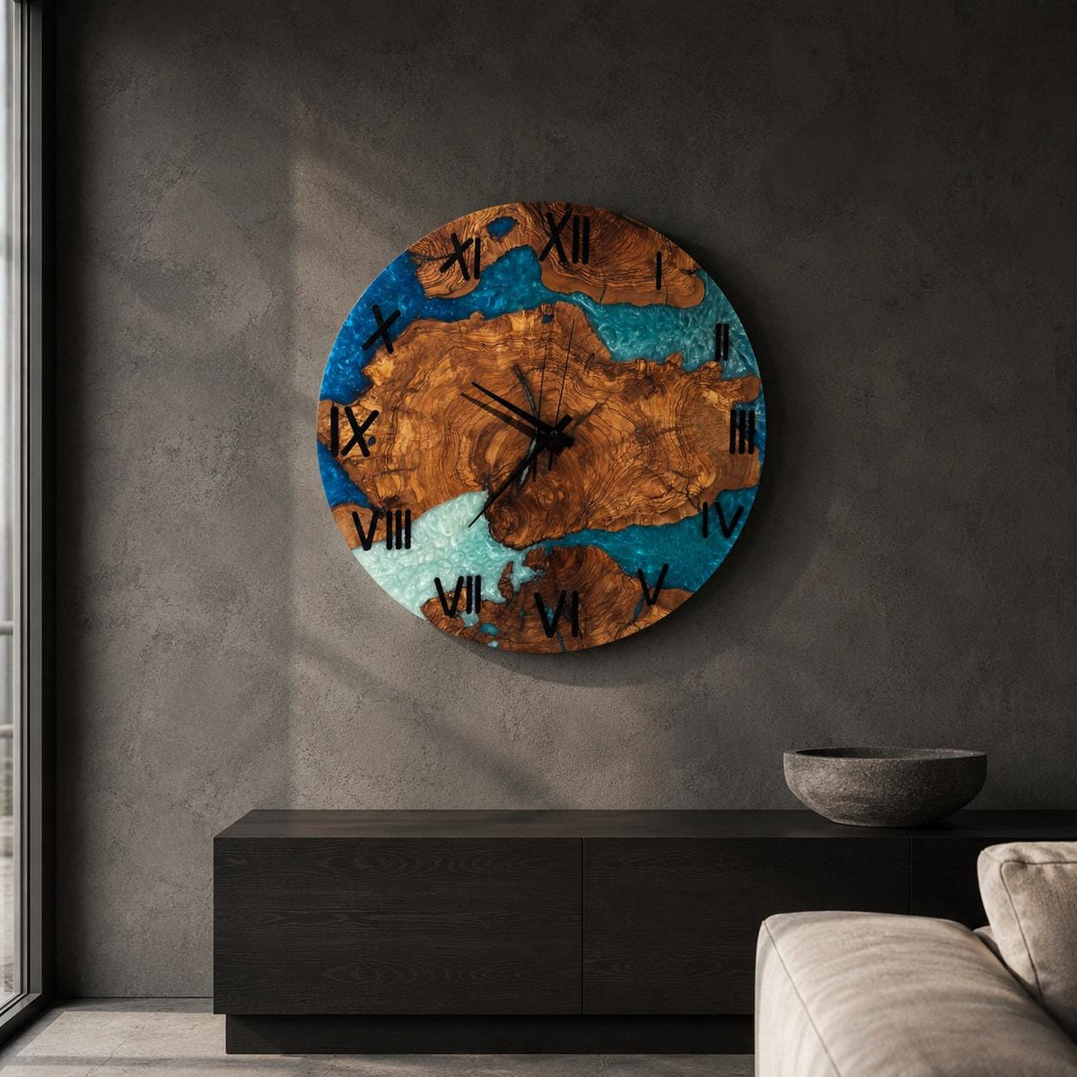 Blue ocean epoxy clock face with Roman numerals