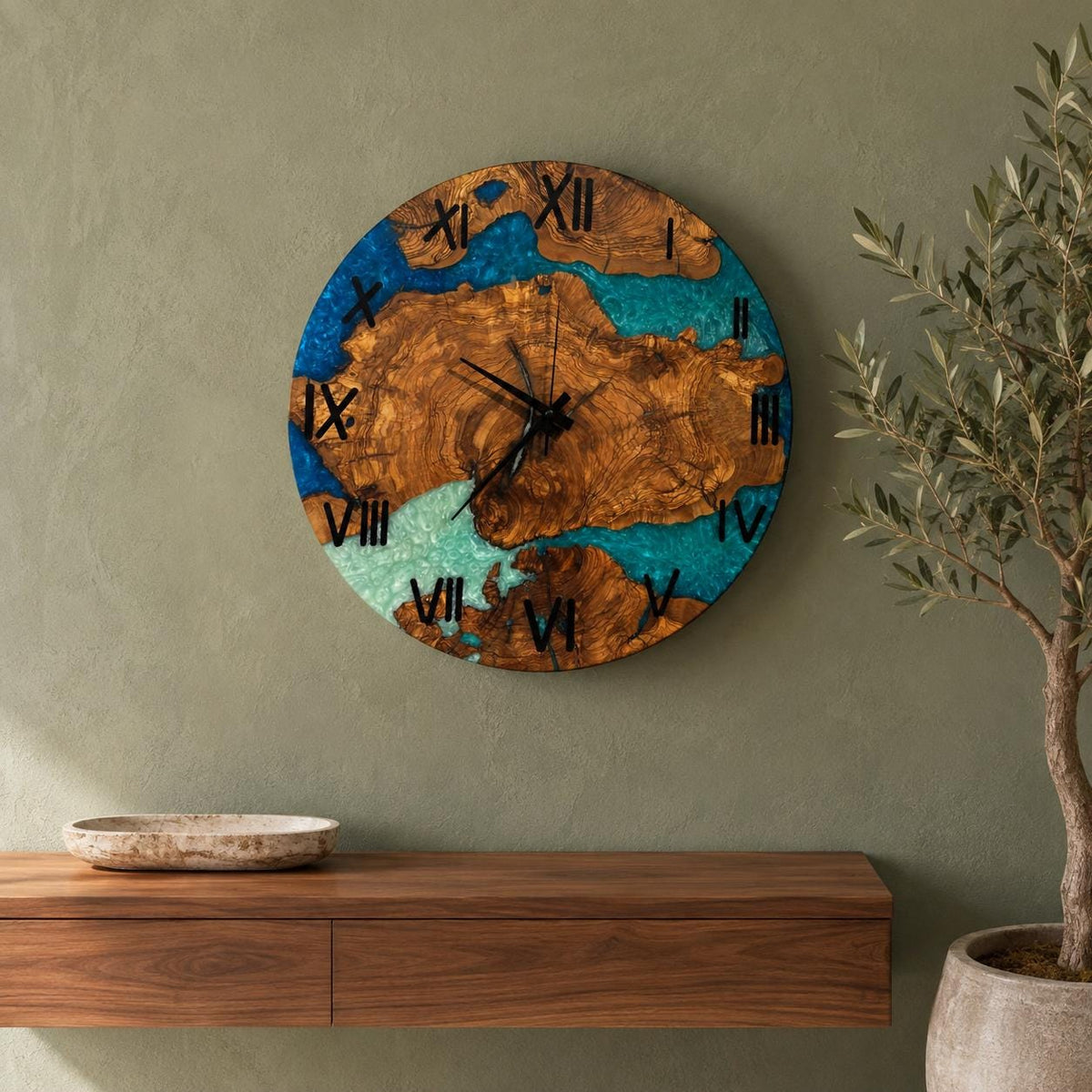 Blue resin olive wood clock, alternate angle
