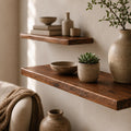 Mediterranean cedar floating shelf in chestnut brown on a white wall