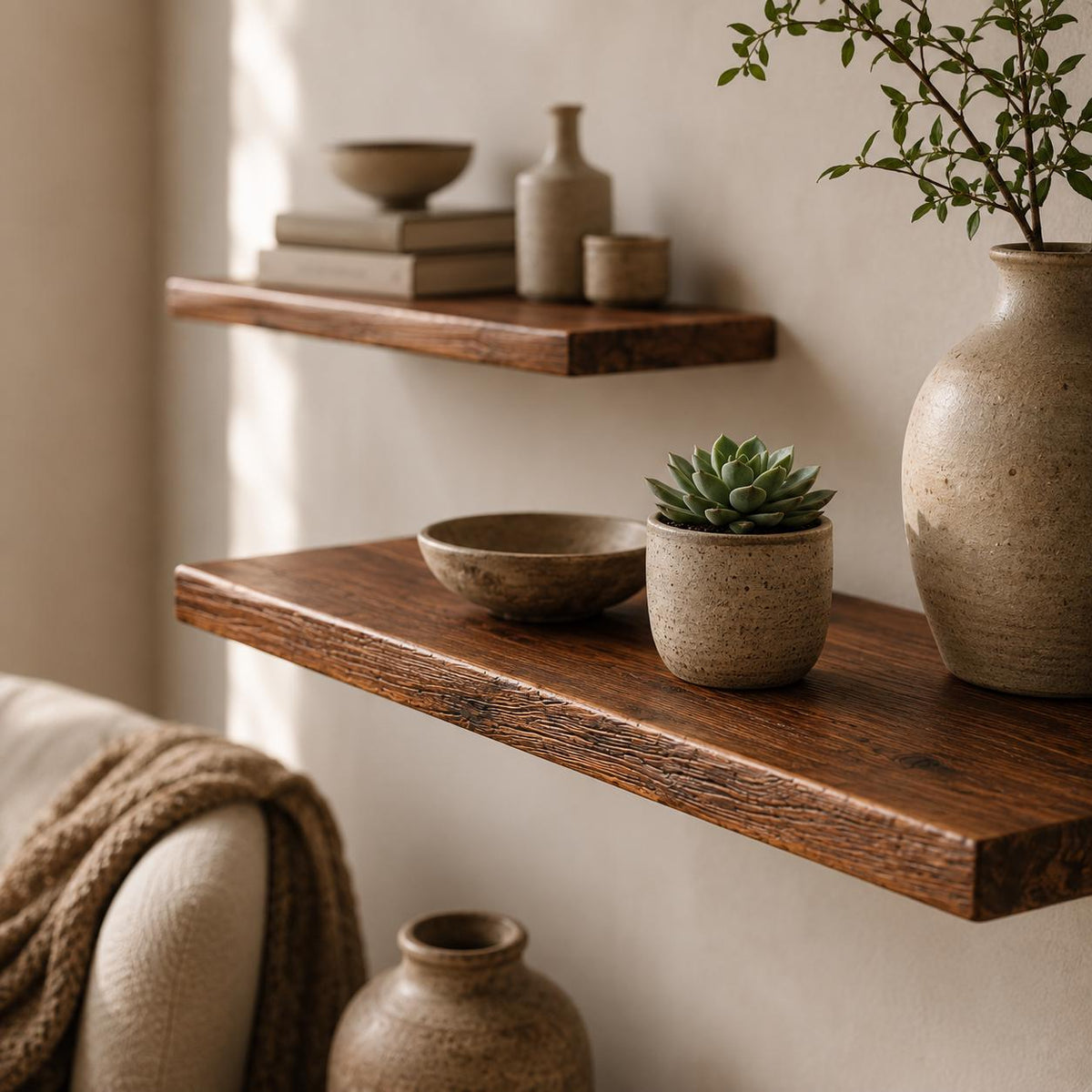 Mediterranean cedar floating shelf in chestnut brown on a white wall