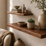 Mediterranean cedar floating shelf in chestnut brown on a white wall
