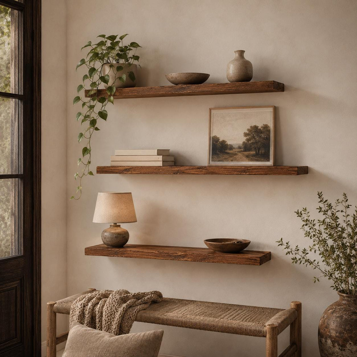 Thin cedar wall shelf with plants and books in a kitchen