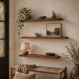 Thin cedar wall shelf with plants and books in a kitchen