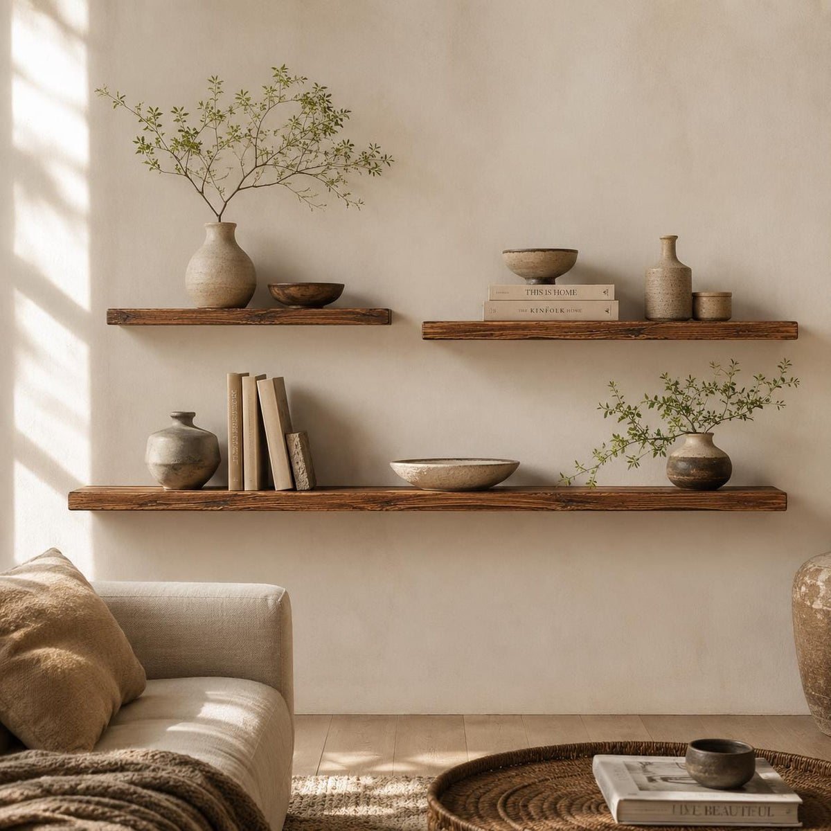 Cedar shelf above a white bathroom sink