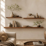 Cedar shelf above a white bathroom sink