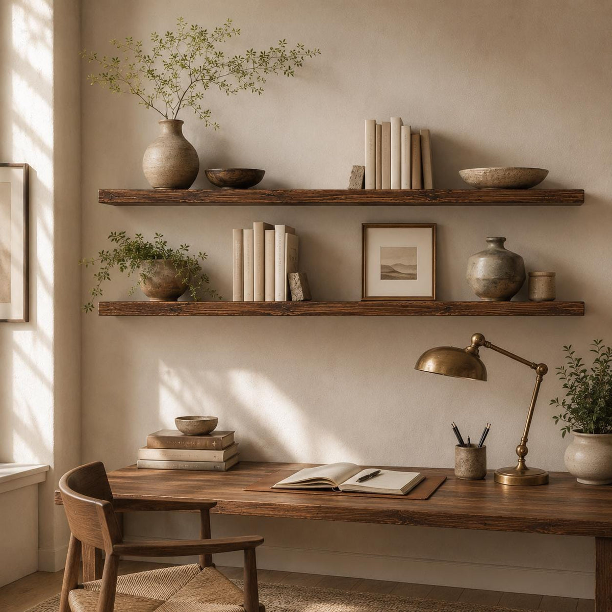 Cedar open shelving with ceramic jars and greenery