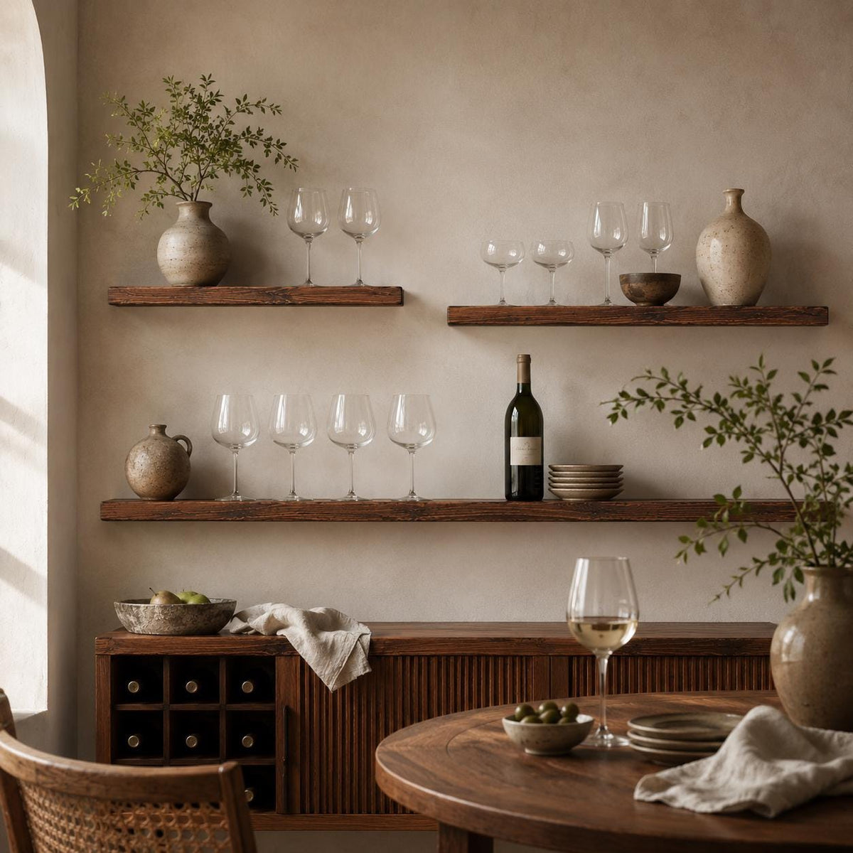 Chestnut brown shelf in a living room with candles