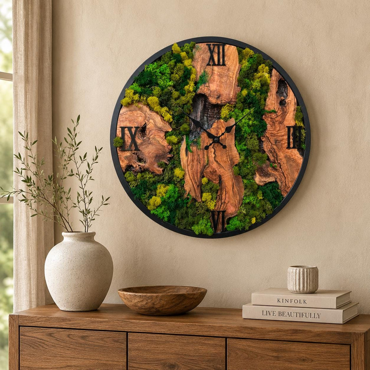 Roman numeral moss wall clock with olive wood live edge frame and lush preserved moss face
