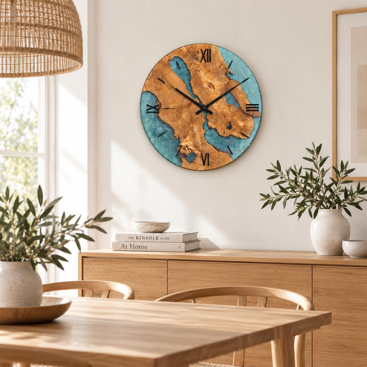 Turquoise epoxy olive wood wall clock in a bright Scandinavian dining room
