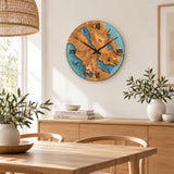 Turquoise epoxy olive wood wall clock in a bright Scandinavian dining room