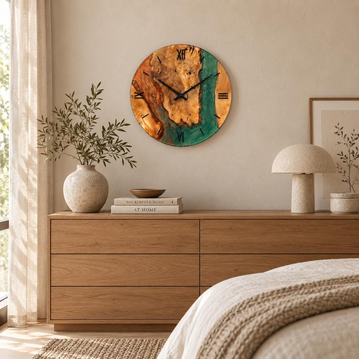 Emerald green resin olive wood wall clock in a calm Japandi bedroom