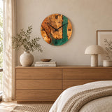 Emerald green resin olive wood wall clock in a calm Japandi bedroom