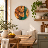 Emerald green epoxy clock in a warm rustic kitchen and breakfast nook