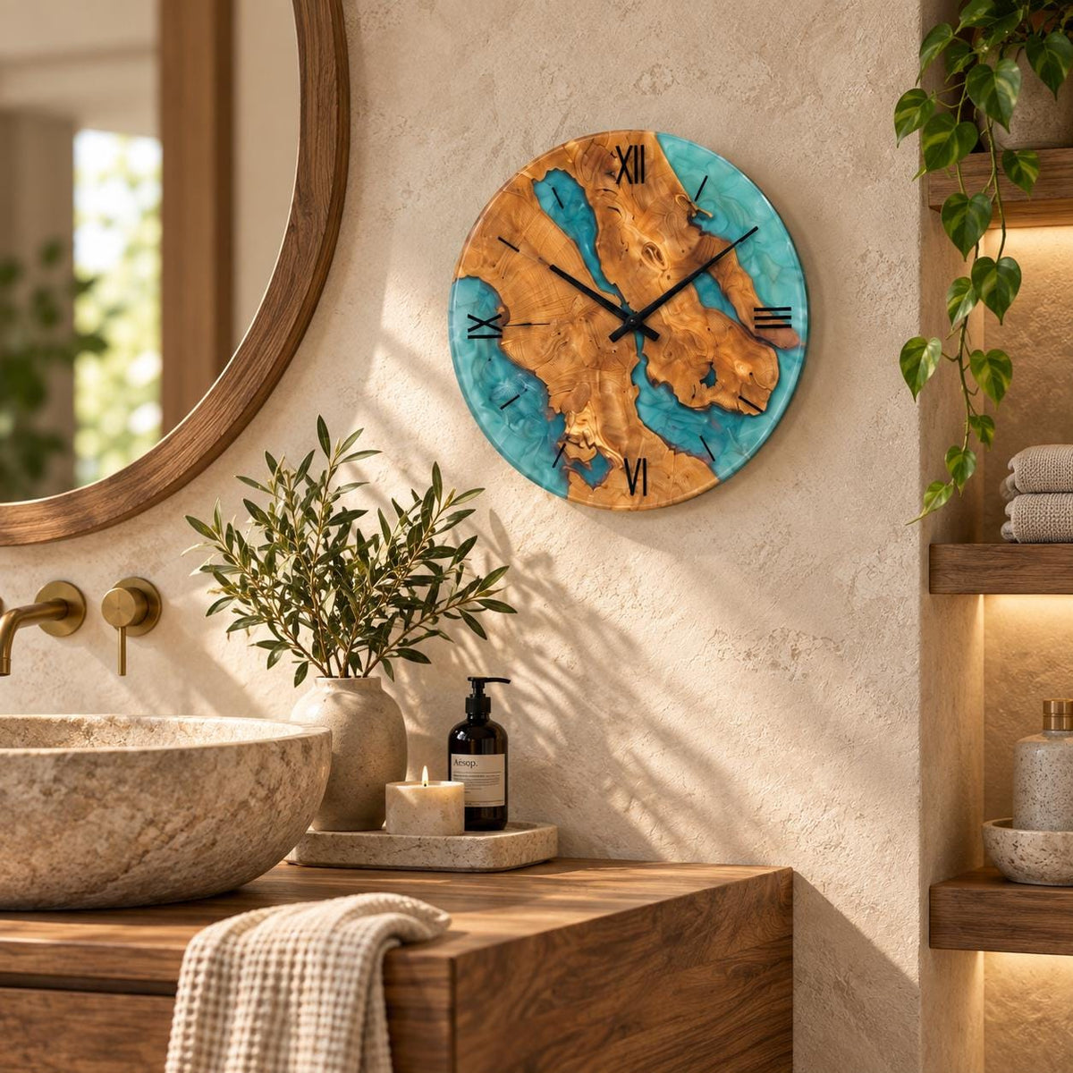Turquoise epoxy clock in a natural spa-style bathroom with wood and stone accents
