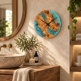 Turquoise epoxy clock in a natural spa-style bathroom with wood and stone accents