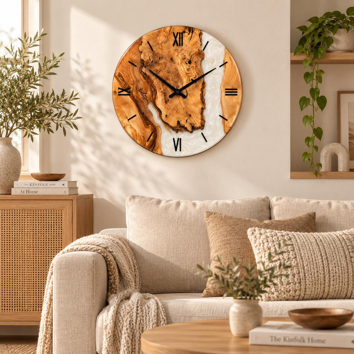 Pearl white epoxy and olive wood clock, alternate view