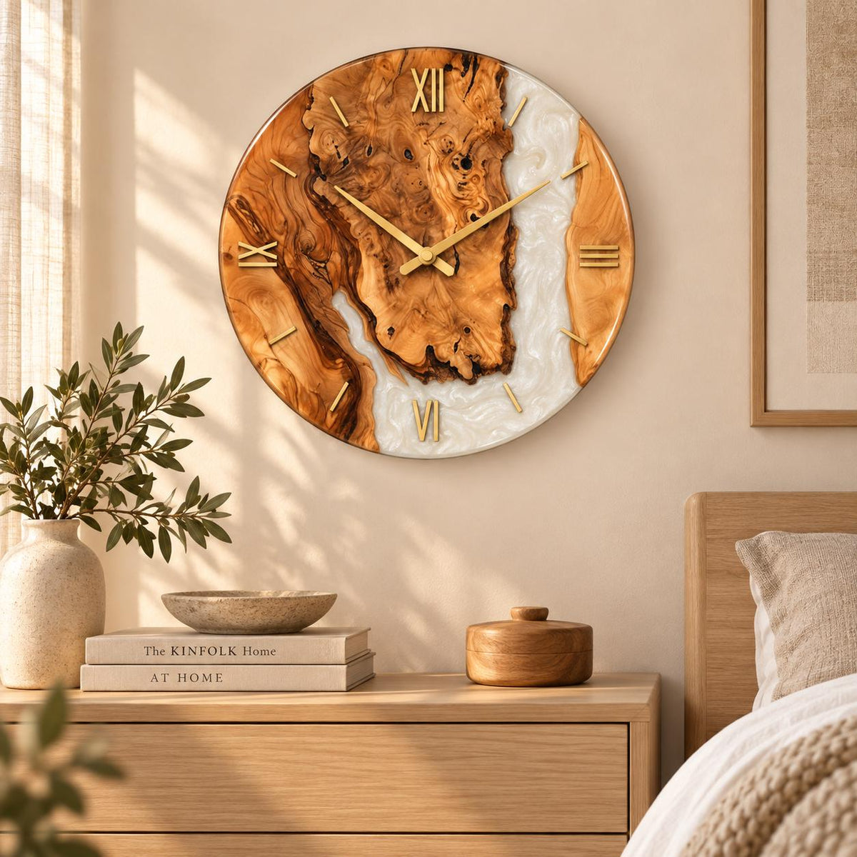White resin olive wood clock in an interior setting